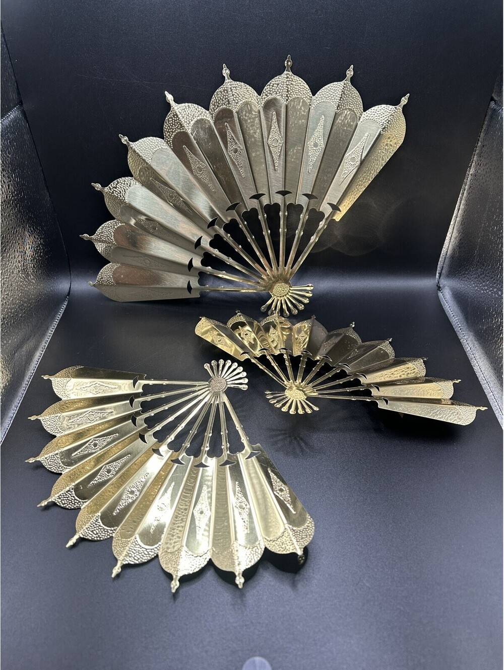 Vintage Set Of 3 MCM Brass Metal Fans Wall Decor Etched Decorative